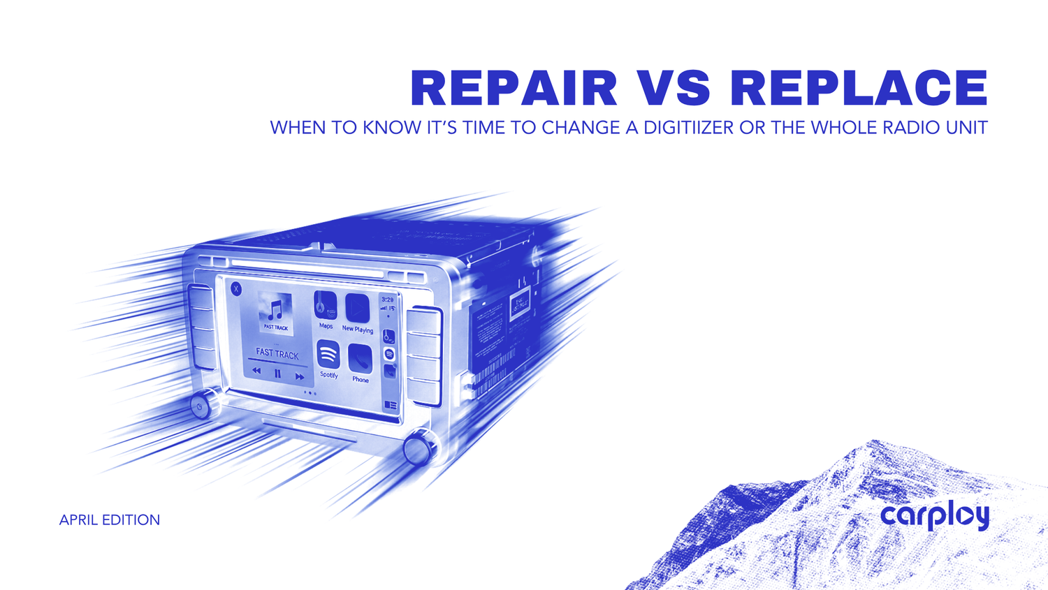 Side-by-side comparison of a cracked factory car touchscreen digitizer next to a modern CarPlay-enabled radio upgrade in a truck dashboard