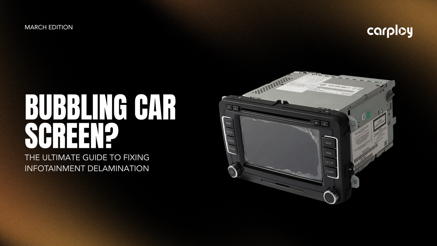 Close-up of a delaminated car infotainment screen showing air bubbles and ghost touch damage on a truck dashboard